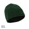 A green acrylic beanie with an inner lining, featuring a logo on the side.