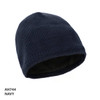 Navy acrylic beanie with an inner lining, featuring a ribbed texture and a logo.