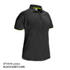 A black polo shirt with grey and lime accents, featuring a logo on the collar.