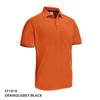 An orange polo shirt with grey and black accents, featuring a logo on the chest.