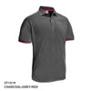A charcoal polo shirt featuring red accents and a collar, with a logo on the chest.