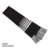 Acrylic scarf in black and white, featuring stripes and fringed edges, with a logo present.