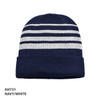 Acrylic beanie in navy and white stripes, featuring a folded hem and a logo.