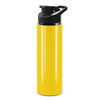 A drink bottle in bright yellow with a black snap cap and a handle, featuring a logo.
