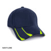 A navy cap with lime detailing and a logo on the front.