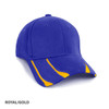 A royal blue cap with gold accents, featuring a logo on the front.
