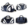 A navy and white duffle bag with multiple compartments and handles, featuring a logo.