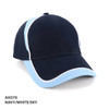 A navy, white, and sky cap featuring a logo, with a curved brim and structured design.