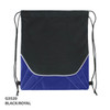 A black and royal drawstring bag with a sleek design and a logo on the front.