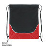 A drawstring bag in black and red with a logo, featuring a sleek design and contrasting piping.