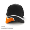 A cap with a black, white, and orange design, featuring a curved decorative pattern and a logo.
