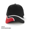 A black cap with red and white accents and a logo on the front.
