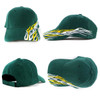 A green cap featuring flame designs in yellow and white. The cap has a logo and a classic curved brim.
