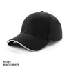 A black and white mesh cap with a curved brim and a logo on the front. Suitable for casual wear.