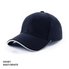 A navy and white drill mesh cap featuring a curved brim and a structured crown, with a logo.