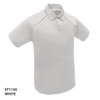 A white polo shirt with short sleeves and a collar. It has a logo on one side.