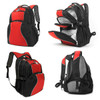 A black and red backpack featuring multiple compartments and a logo, showcasing various angles and details.