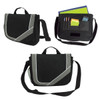 A black satchel bag with grey accents featuring compartments for a notebook, pens, and other items. It has a logo.