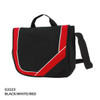 A satchel bag in black with red and white accents, featuring a shoulder strap and a handle. It has a logo.