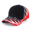 A black cap with red and white zigzag designs on the brim, featuring a logo on the front.