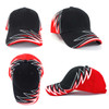 A black and red cap featuring dynamic zigzag patterns and a logo, showcasing a sporty design.
