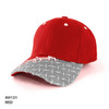 A red cap with a patterned grey brim, featuring a logo on the front.