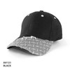 A black cap with a patterned brim and a logo. It features a classic baseball cap design.