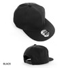 A black cap with a flat brim and an adjustable strap at the back, featuring a logo.