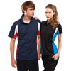 Two people wearing "Verve Polos" in navy blue and black, featuring red and blue accents. Both have a logo.