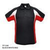 A black polo shirt with white and red accents and a logo on the chest.