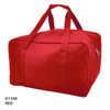A red duffle bag with two sturdy handles and a zip closure, featuring a simple design and a logo.