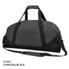 A charcoal and black duffle bag with dual handles and an adjustable shoulder strap. It features a logo.