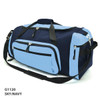 A duffle bag in sky blue and navy, featuring multiple zippered pockets and a shoulder strap.