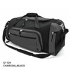 A charcoal and black duffle bag with multiple zippered pockets and a shoulder strap. It features a logo.