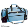 A duffle bag in sky blue, white, and navy, featuring zippers and a detachable shoulder strap. Includes a logo.