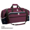 A maroon, white, and navy duffle bag featuring multiple zippered pockets and a shoulder strap. It has a logo.