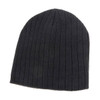 A black 100% cotton beanie featuring a ribbed texture and a simple design, including a logo.