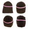 Acrylic cable knit beanie in brown with a pink stripe, featuring multiple views. Includes a logo.