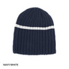 Acrylic cable knit beanie in navy with a white stripe and a logo.