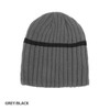 Acrylic cable knit beanie in grey with a black stripe, featuring a logo on the front.
