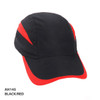 A black and red Summit Microfibre 7Panel Cap featuring a logo on the front.