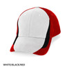 A three-tone cap featuring white, black, and red colours with a branded logo.