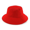 A red PQ Mesh Bucket Hat featuring a wide brim and breathable fabric, with a logo on the side.