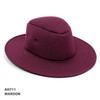 A maroon foam hat with a wide brim and a rounded crown, featuring ventilation holes and a logo.