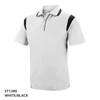 A polo shirt in white with black accents, featuring a collar and a logo.