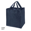 A navy non-woven shopping bag with sturdy handles and a square shape, featuring a logo on the side.