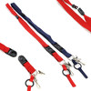 A collection of detachable lanyards in red and navy, featuring clips and connectors for easy attachment.