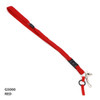 A red detachable lanyard featuring a clip and a ring, designed for holding ID cards or badges.
