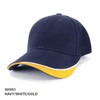 A navy cap with white and gold accents, featuring a curved brim and a logo.