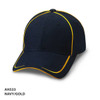 A navy cap with gold accents and a logo, featuring a curved peak and stitching details.